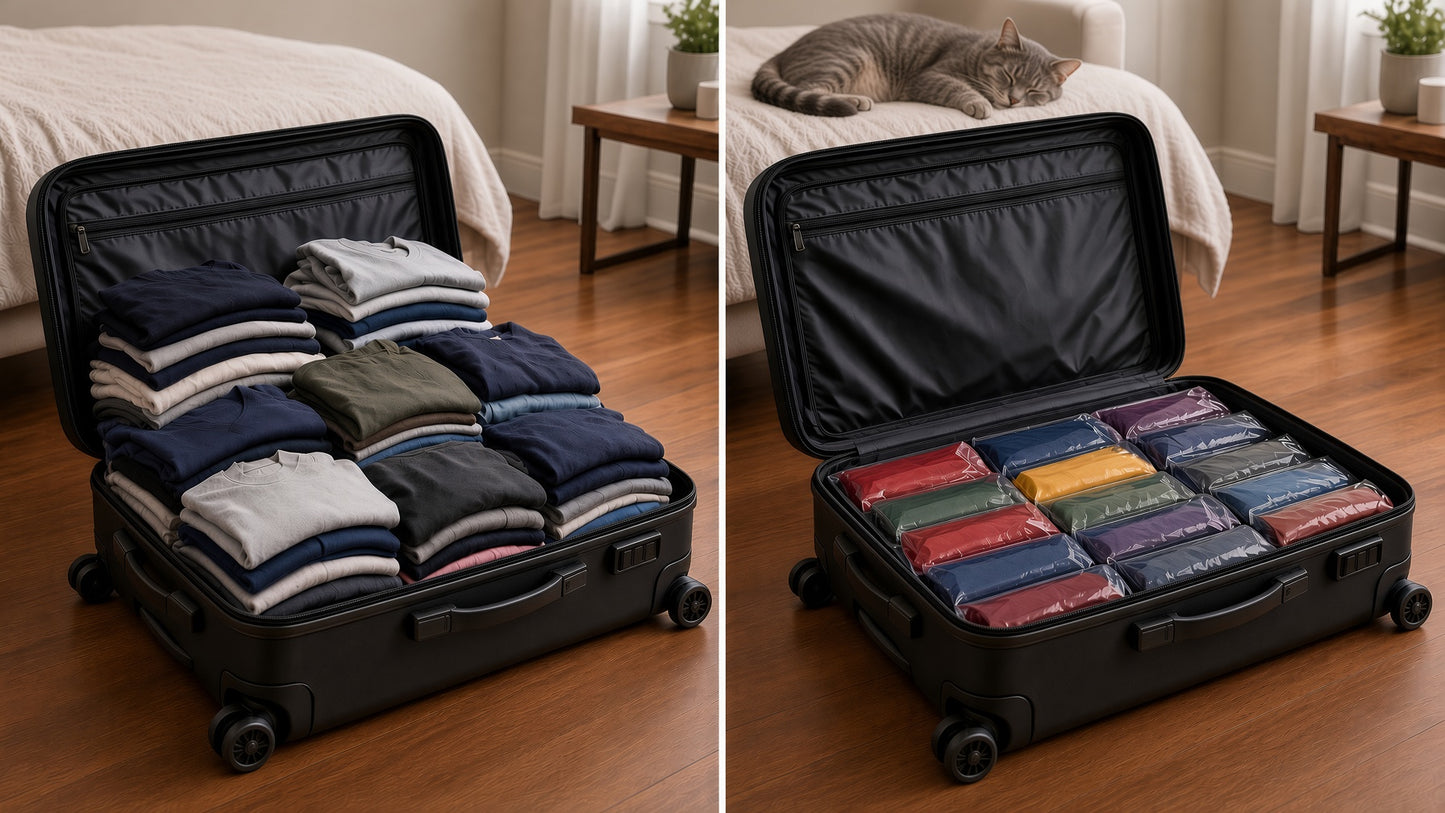 Before and after: suitcase packed normally vs with compression bags