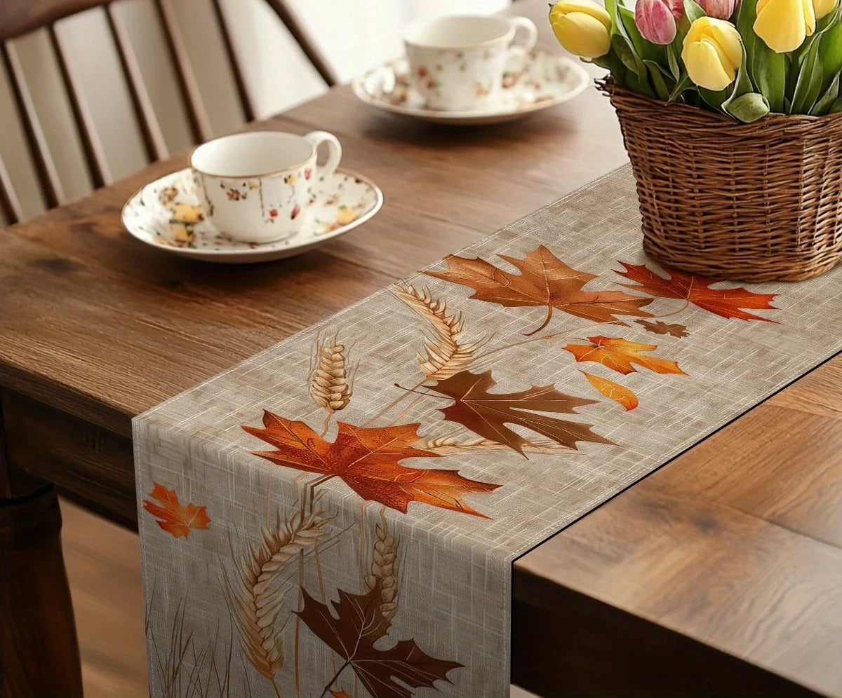 Autumn runner on a wooden table with tulips