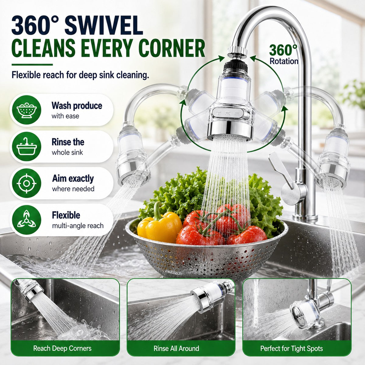 Tap filter swivelling to reach around the sink