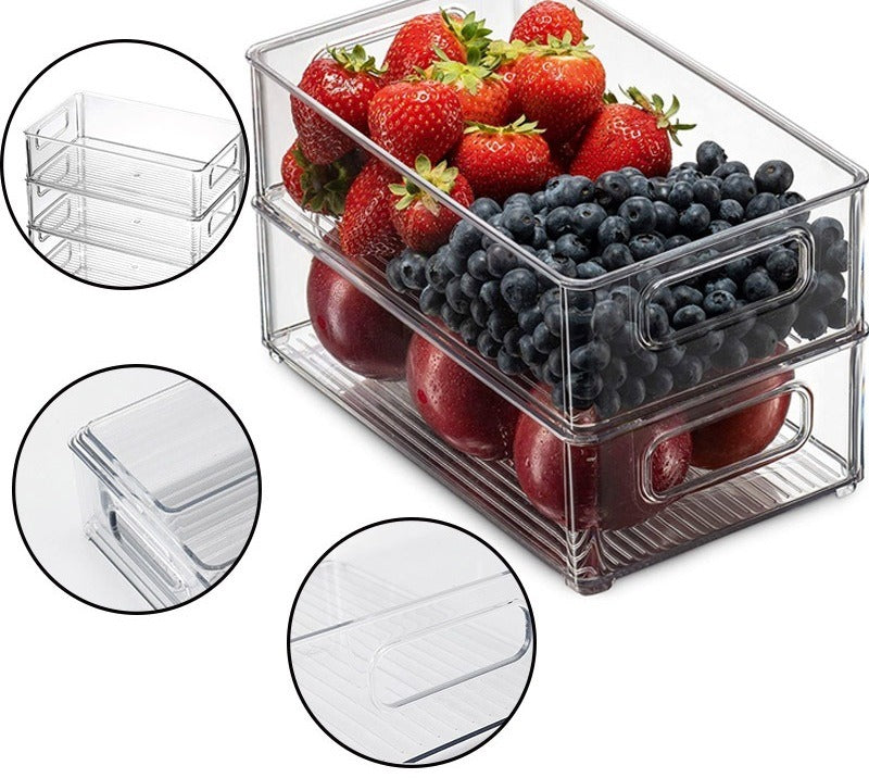 Clear stackable fridge storage bins holding fruit