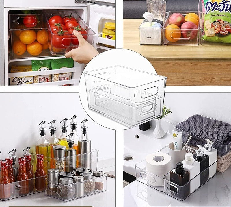 Bins used in a fridge, on a worktop and in a bathroom