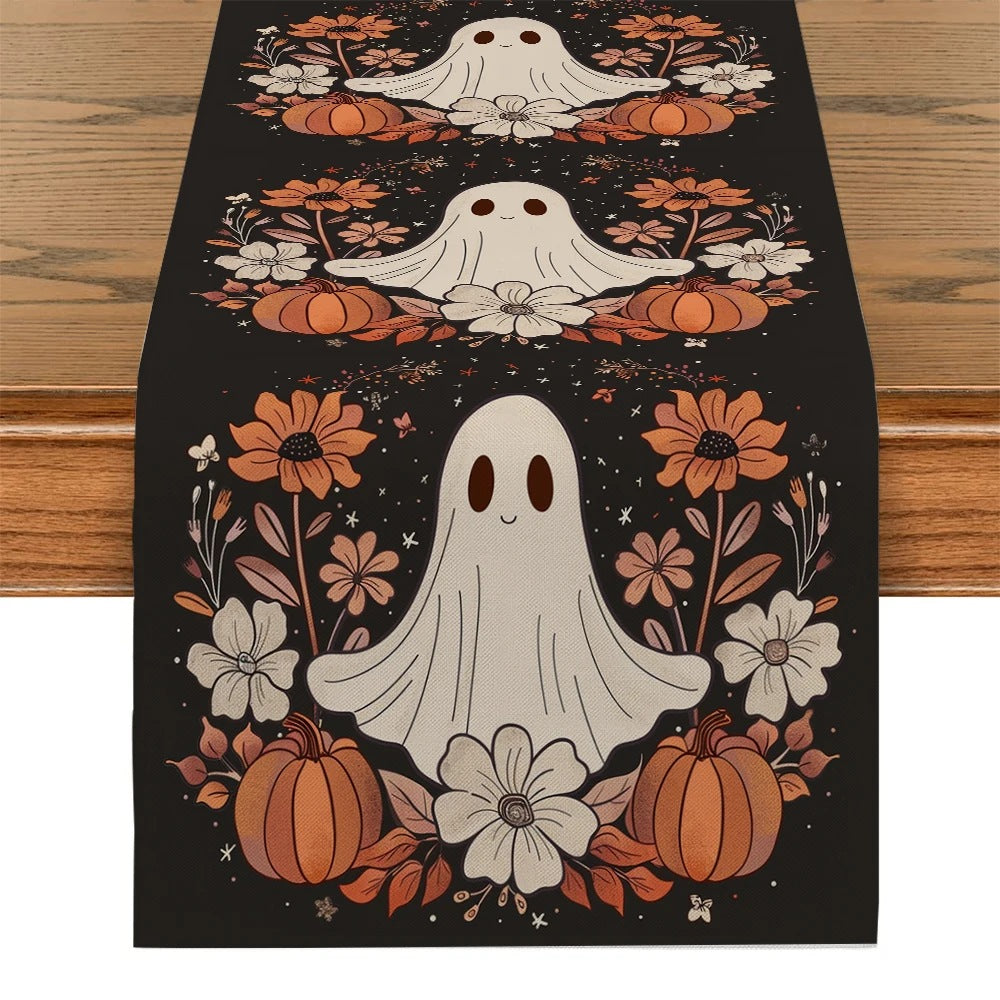 Halloween ghost and floral table runner laid flat