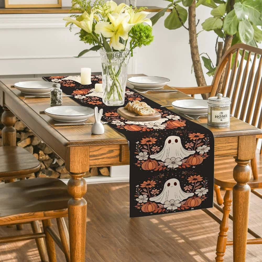Black Halloween table runner on a set dining table