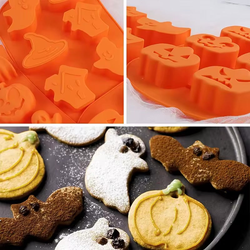 Flexible silicone mould tray with baked Halloween biscuits