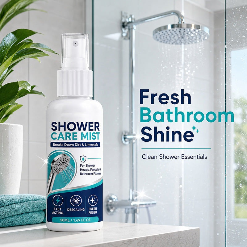 Limescale remover spray in a bright shower