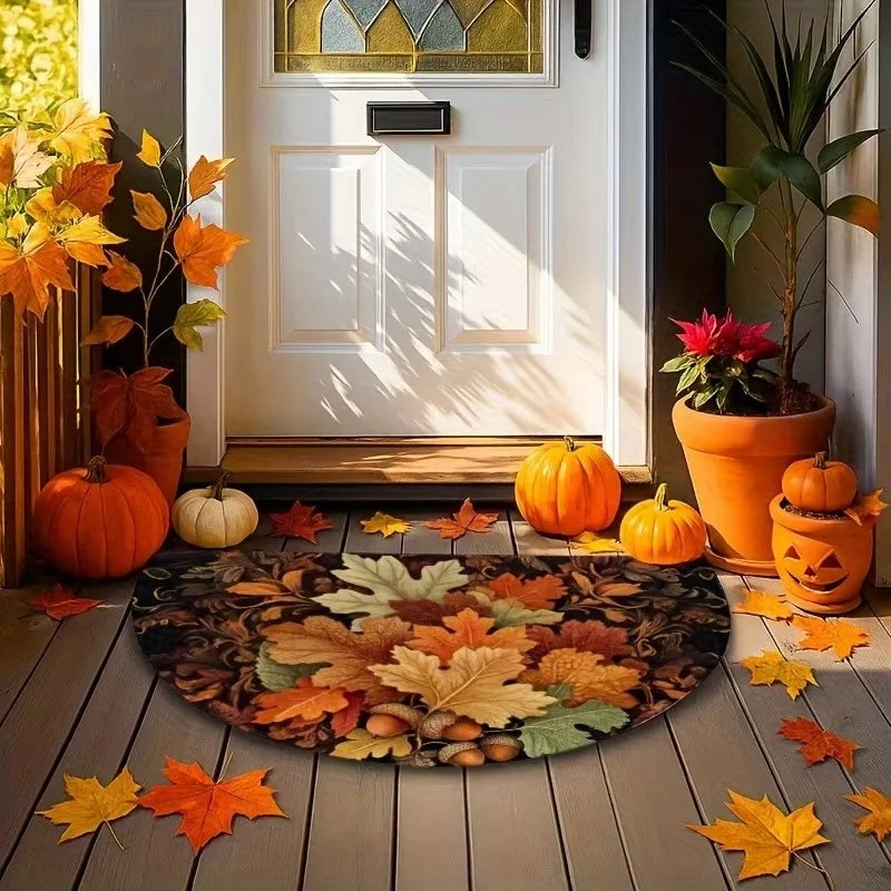 Autumn leaves half-moon doormat at a front door
