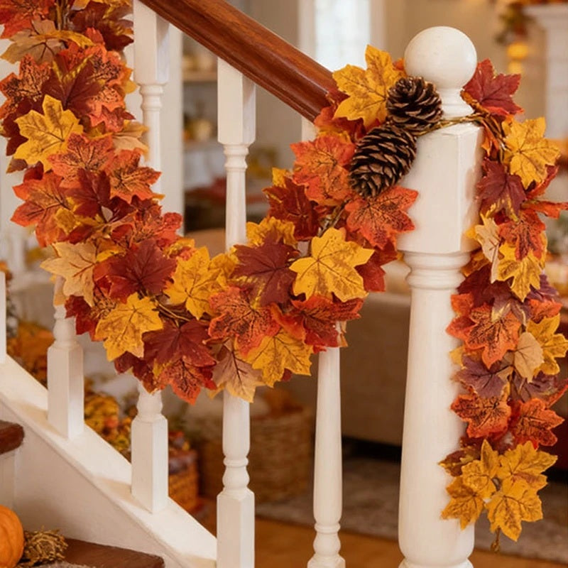 Maple leaf garland on a staircase