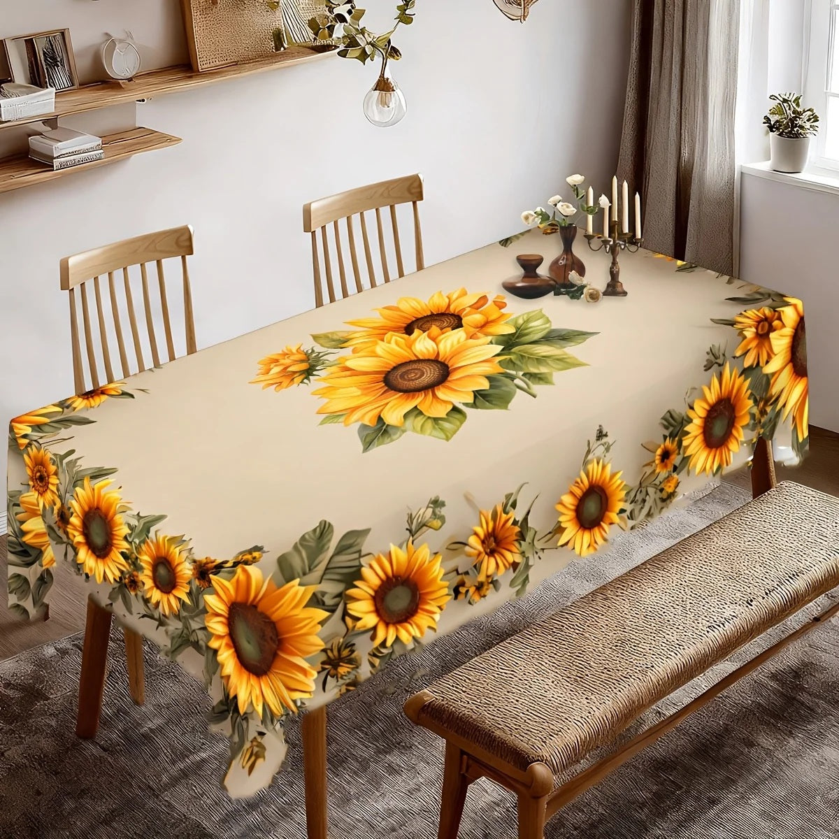 Sunflower tablecloth on a dining table