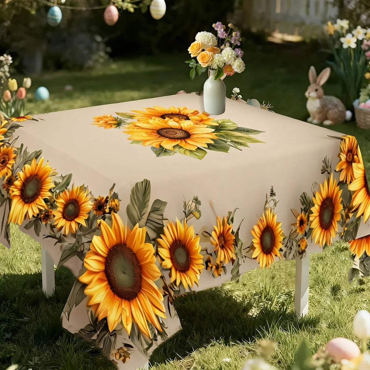 Sunflower tablecloth used outdoors