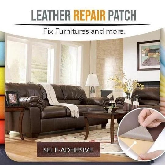 RubyFix self-adhesive leather repair patch applied to a sofa
