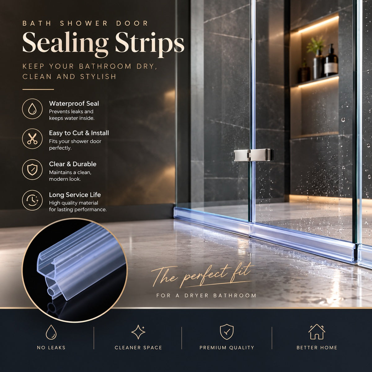 Bath shower door sealing strips fitted to a glass shower screen