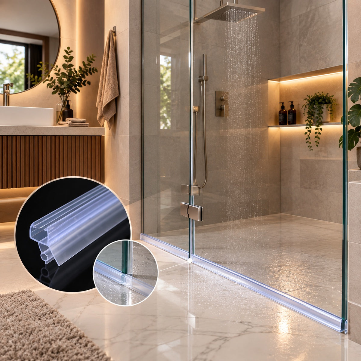Clear shower screen seal strip fitted along the bottom of a glass shower door