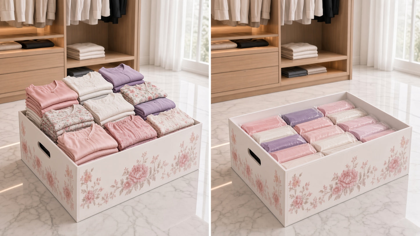 Before and after: clothes folded vs vacuum-compressed in a storage box