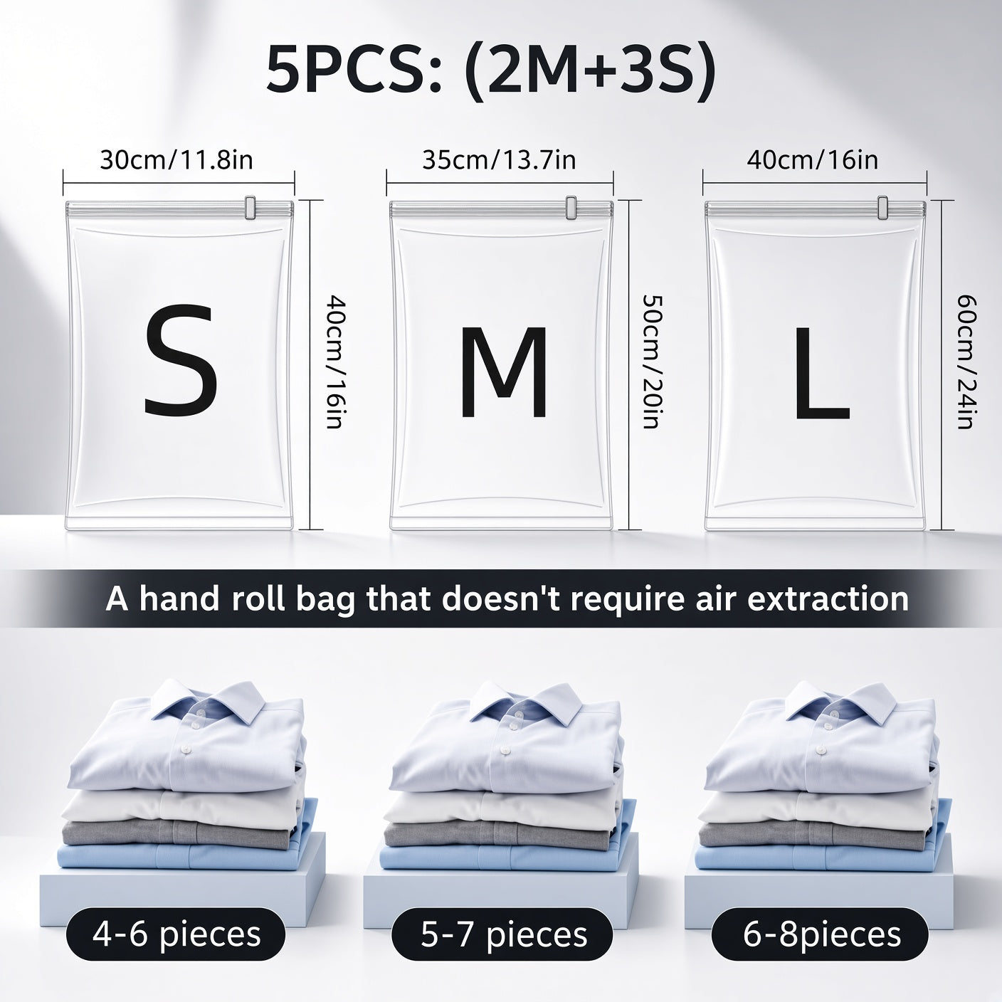 Pack 1: 2 Medium + 3 Small compression bags size chart