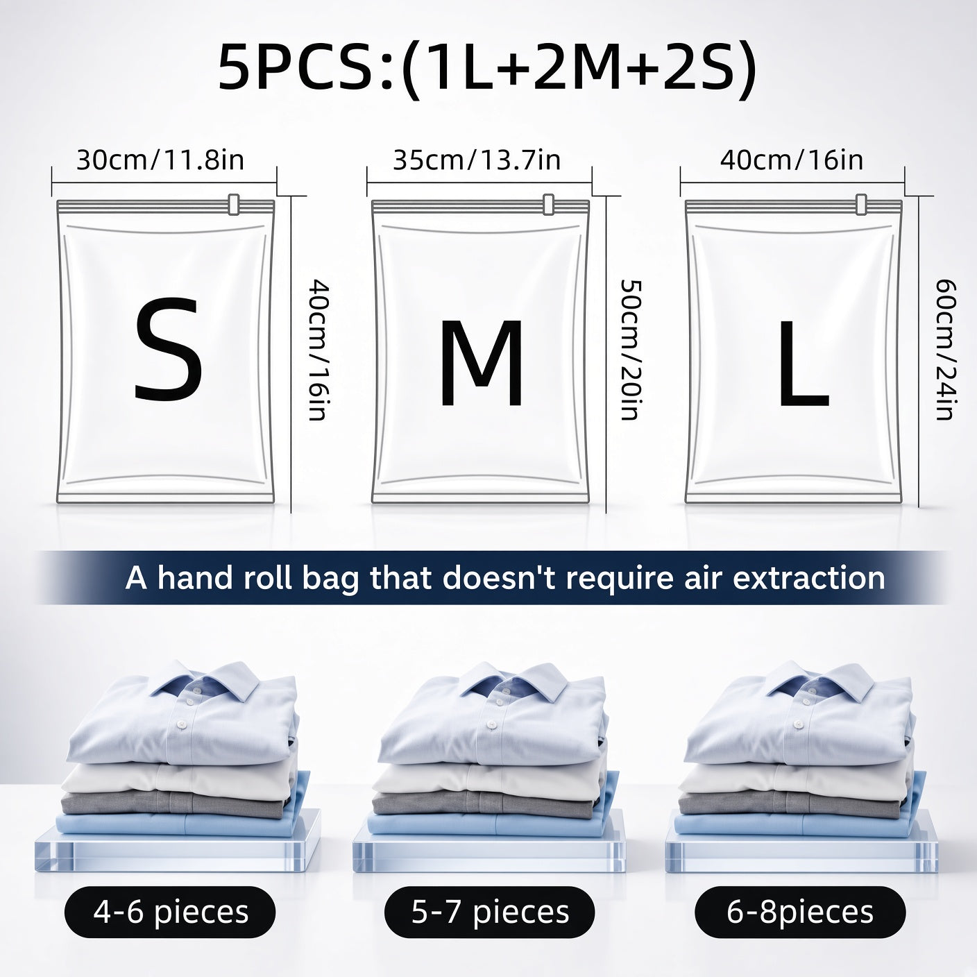 Pack 2: 1 Large + 2 Medium + 2 Small compression bags size chart