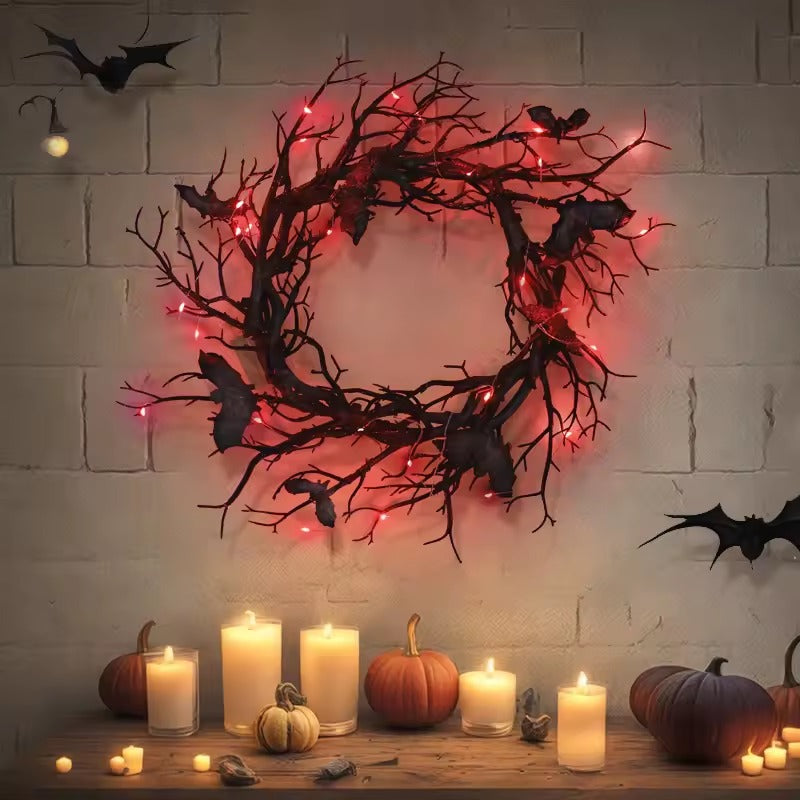Black Twig Bat Wreath with LED Lights